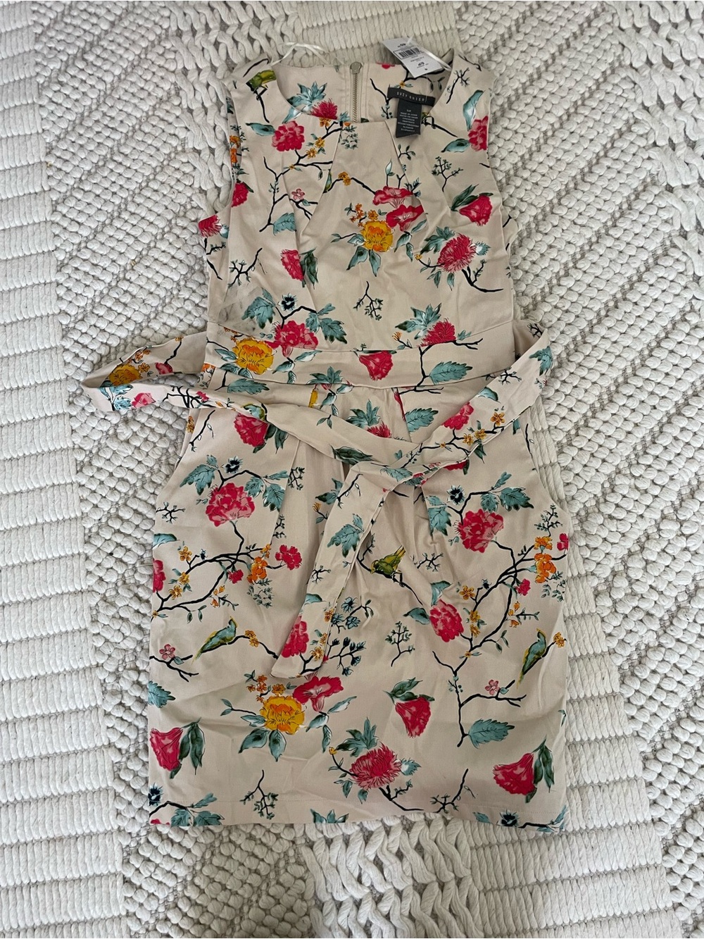 Suzy Shier Beige Floral Tie-Waist Mini Dress